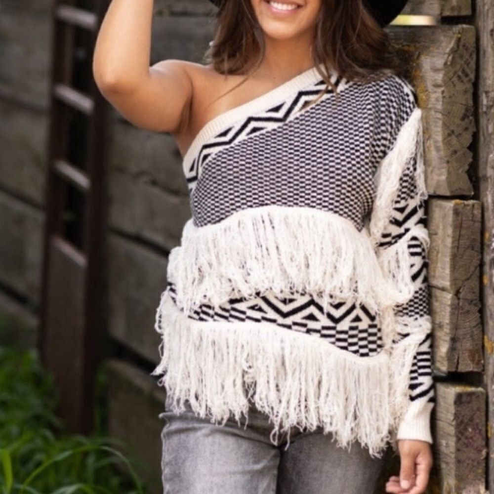 Mazik sweater - cream/black stripe print one shoulder with fringe